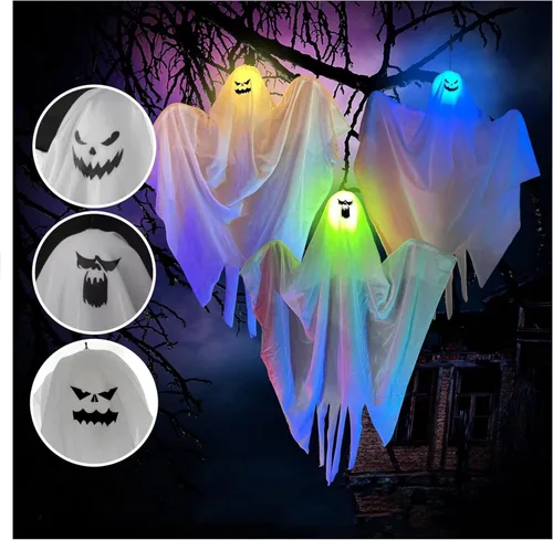 Vista 2 de Paquete de 3 decoraciones de fiesta de Halloween de 25.5 pulgadas, fantasmas colgantes lindos para patio delantero, patio, césped, jardín