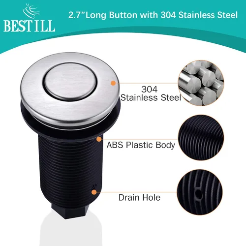 Vista 3 de BESTILL Kit de interruptor de aire para eliminación de basura, certificación UL, botón largo superior del fregadero con cubierta de latón, negro
