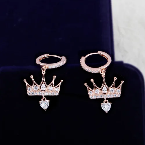 Vista 11 de 925 Sterling Silver Cubic Zirconia Princess Crown Dangle Huggie Hoop Earrings