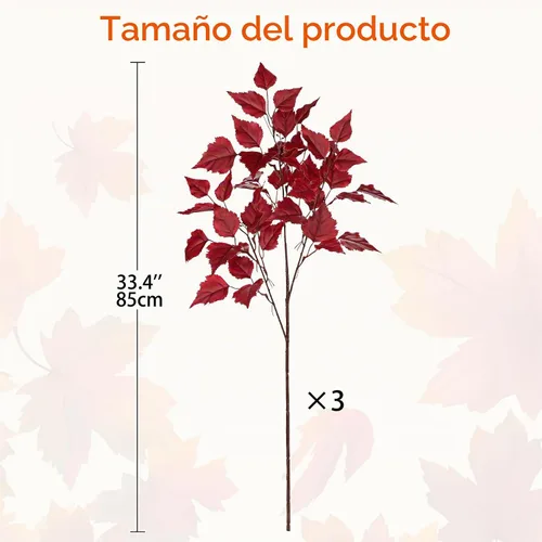 Vista 2 de Hollyone 3 hojas de abedul artificiales de otoño con tallos de seda de 33 pulgadas, ramas de hojas de otoño de color burdeos sintético, decoración