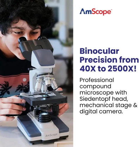 Vista 2 de AmScope Serie B120 Microscopio compuesto binocular LED para estudiantes y profesionales - Aumento 40X a 2500X - Incluye cámara USB 2.0 de 0.3MP