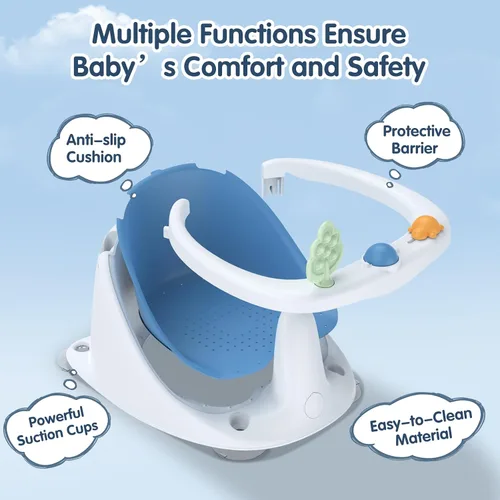 Vista 2 de Asiento de baño para bebés de 6 meses en adelante, antideslizante con ventosas, asiento de baño infantil seguro y cómodo para bañera, color azul