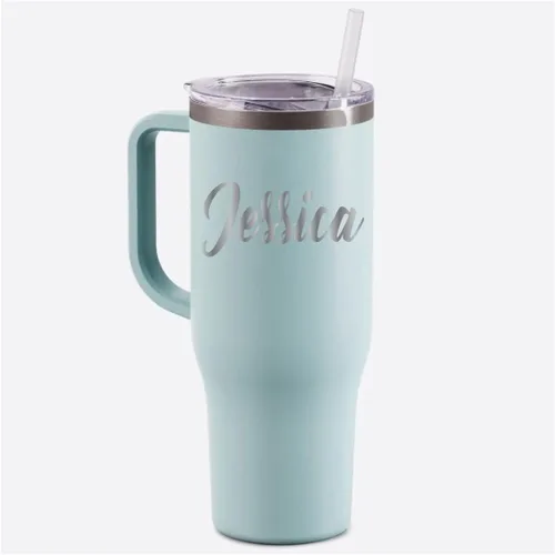 Vista 2 de Personalized Tumbler with Handle, Travel Mug, 40oz Stainless Steel Tumbler, Teacher Travel Mug with Straw, Charger Tumbler (Berry Ombre Glitter)
