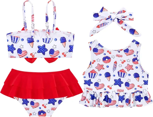 Vista 2 de Ahegao 6M-3T - Trajes de baño para niñas pequeñas, trajes de baño de 3 piezas, bikini, 4 de julio rojo