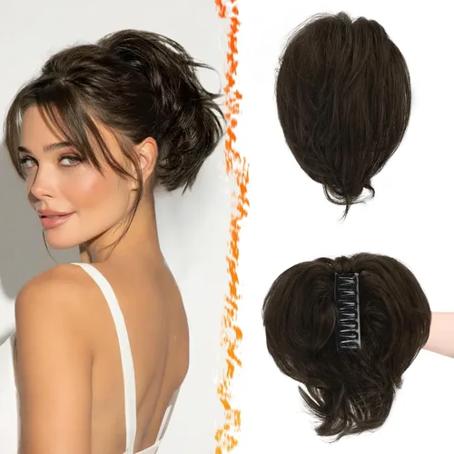 Vista 20 de BARSDAR Extensión de cabello humano corto con clip de garra con metales flexibles, cabello humano real de 8 pulgadas, extensiones de moño