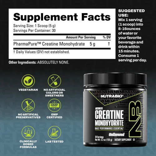 Vista 3 de NutraBio Suplemento en polvo de monohidrato de creatina micronizada pura, sin sabor, (150 g) – Apoya la energía muscular masiva, la recuperación