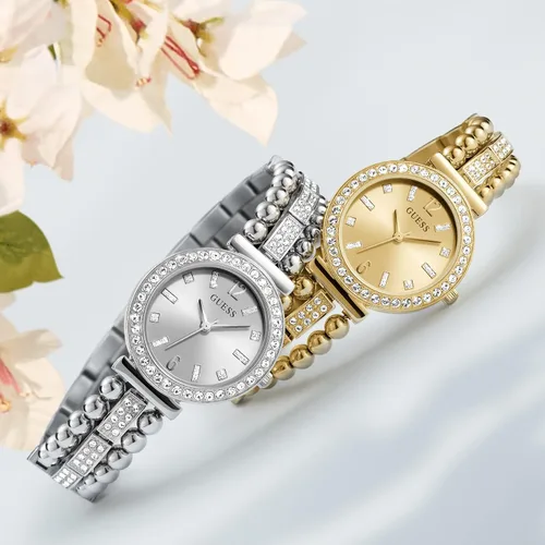 Vista 6 de GUESS Reloj analógico dorado con diamantes y perlas