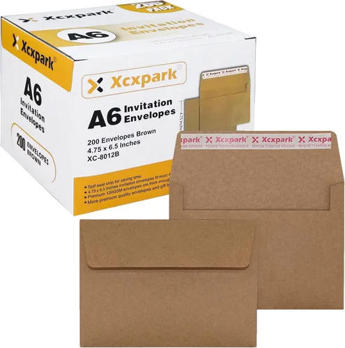 Vista 22 de Xxcxpark 100 unidades de sobres de invitación imprimibles A6 4.75x6.5 pulgadas, sobres autoadhesivos de 120GSM de papel kraft marrón