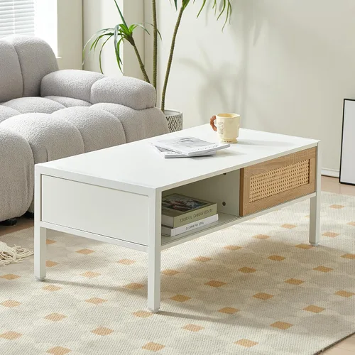 Vista 8 de Mesa de centro moderna de mediados de siglo con almacenamiento, mesa rectangular de madera de 40.16 pulgadas con panel de puerta deslizante de ratán