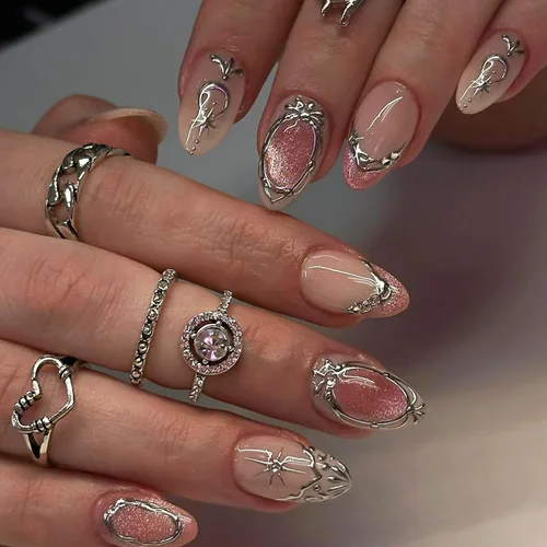 Vista 10 de Uñas postizas medianas a presión con forma de almendra y nude K-Nude