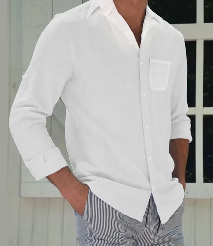 Vista 4 de Men's Guayabera Shirts Long Sleeve Button Down Shirt Linen Solid Shirt Cuban Beach Tops