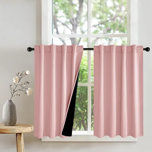 Vista 16 de PONY DANCE Cortinas opacas 100% cortas de 24 pulgadas de largo, medias cortinas con aislamiento térmico para ventanas pequeñas con parte trasera