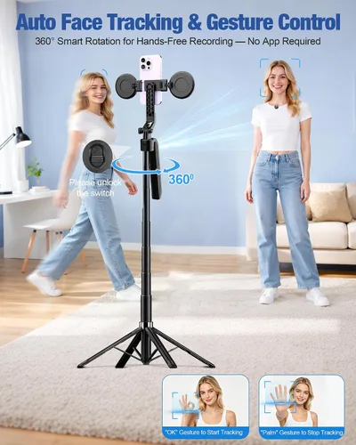 Vista 2 de Content Creator Essentials Kit de vlogging para iPhone/Android, trípode de seguimiento automático de cara de 71 pulgadas para iPhone con luz y Negro