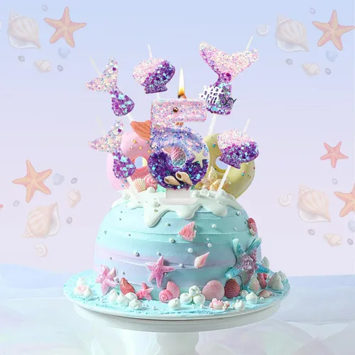 Vista 6 de 6 velas de cumpleaños de 2.5 pulgadas con temática de sirena para decoración de pastel de cumpleaños, 1 número 5, 3 colas de sirena, 2 conchas