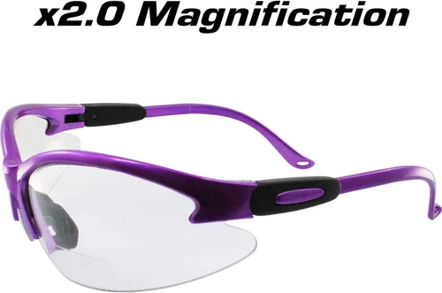 Vista 3 de Birdz Gafas Flamingo - Lentes de seguridad para el trabajo, bifocales, montura púrpura + lentes transparentes de aumento 2.0