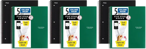 Vista 8 de Five Star Cuaderno de espiral + aplicación de estudio, 5 materias, papel rayado universitario, 11 x 8-1/2 pulgadas, 200 hojas, negro y verde bosque