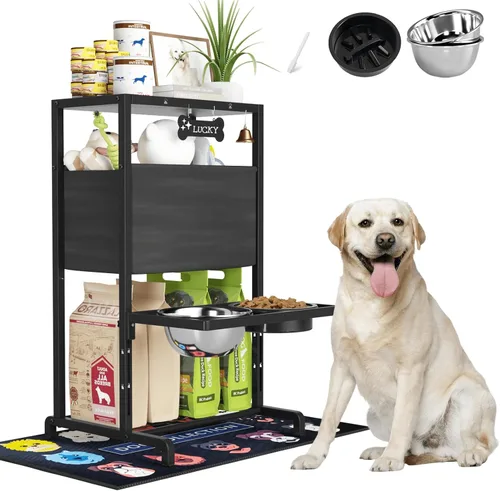 Vista 12 de Soporte elevado para perros medianos y grandes con comedero lento y tapete, altura ajustable de 3.9, 5.5, 7.1, 8.7, 10.2, 11.8 pulgadas, comederos