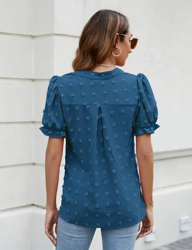 Vista 5 de Blooming Jelly Blusas de verano con mangas abombadas para mujer, blusas de gasa de manga corta con cuello en V blanco, camisas con pompones