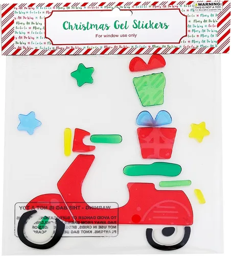 Vista 2 de 8 hojas de gel de Navidad para ventana, diseño de HO, Scooter con regalos, pingüino, gnomo, alegría, árbol de Navidad, Santa Sliegh, Feliz Navidad.