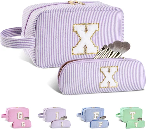 Vista 146 de Bolsa de maquillaje personalizada con inicial A-Z para mujeres, niñas y niños, bolsa de aseo de viaje, bolsa de maquillaje preparada, bolsa