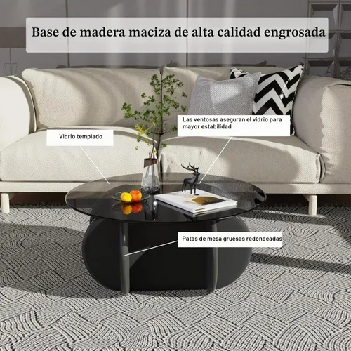 Vista 3 de Mesa de Centro con Tapa de Vidrio Negro, Mesa de Centro Redonda Moderna y Elegante con Patas de Madera Maciza y Superficie de Vidrio Templado