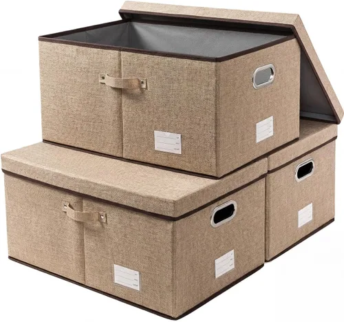 Vista 77 de PRANDOM Contenedores de almacenamiento con tapas [paquete de 3] cajas de almacenamiento plegables de tela de lino, canastas organizadoras, cubos