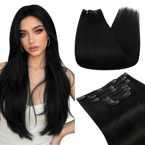 Vista 31 de Ugeat Extensiones de cabello humano con clip de 12 pulgadas, extensiones de cabello balayage con clip, marrón chocolate ombre, extensiones