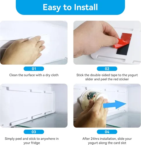 Vista 5 de Organizador de yogur para nevera, soporte de yogur para refrigerador, yogur, nevera, deslizador, estante deslizante para 4 yogures de 3.75 pulgadas