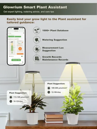 Vista 4 de GLOWRIUM Luces LED inteligentes de cultivo para plantas de interior, luz de escritorio para plantas con control de aplicación Bluetooth, lámpara