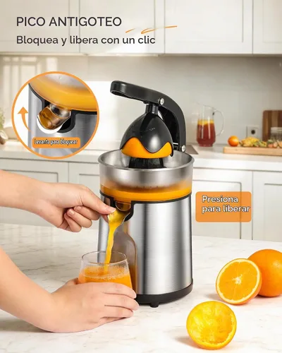 Vista 4 de Exprimidor eléctrico de naranja, exprimidor de cítricos con 2 conos intercambiables, máquina exprimidora eléctrica de 160 W con cuerpo de acero
