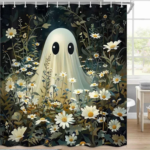 Vista 3 de Cortina de ducha de Halloween, cortina de baño espeluznante, fantasma, linda y divertida, juego de decoración de baño con ganchos, 72 x 72 pulgadas