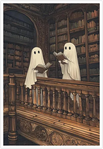Vista 16 de Póster de dos lindos fantasmas en una biblioteca, arte de pared gótico espeluznante, decoración de Halloween, divertido estampado de fantasma