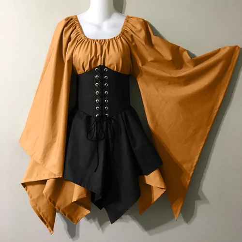 Vista 2 de FRMUIC Disfraz renacentista para mujer, vestido medieval de manga acampanada, corsé de Halloween 2023, vestido irlandés, vestido de cosplay