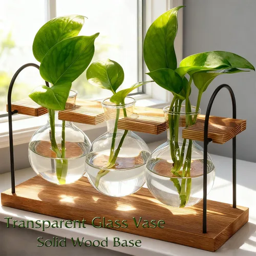 Vista 3 de Terrario para plantas con soporte de madera, el mejor regalo para los amantes de las plantas, estación de propagación con bombillas de vidrio retro