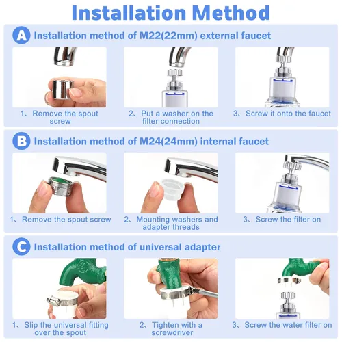 Vista 7 de Paquete de 3 grifos de filtro de agua para fregadero, filtro giratorio de 360° para fregadero de baño y cocina, 3 modos de filtro de grifo de baño