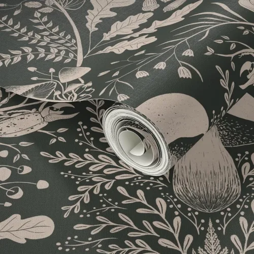 Vista 2 de Papel tapiz para despegar y pegar, diseño de damasco de bosque de hongos, verde oscuro, bosque, caracol, helecho, bellota, papel tapiz extraíble