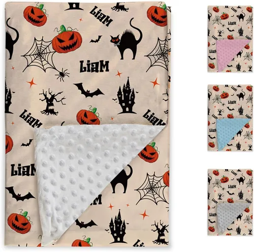 Vista 2 de Manta de Halloween personalizada, diseños de dibujos animados con nombre personalizable, manta de franela de felpa suave con respaldo punteado