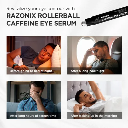Vista 5 de RAZONIX Rodillo de ojos para ojos hinchados, suero de ojos con cafeína para ojeras, tratamiento de deshinchamiento para hombres y mujeres, 0.5 onzas