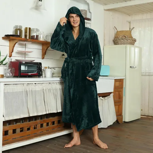 Vista 4 de U2SKIIN Bata con capucha para hombre, batas de felpa para hombre, bata de baño larga de forro polar