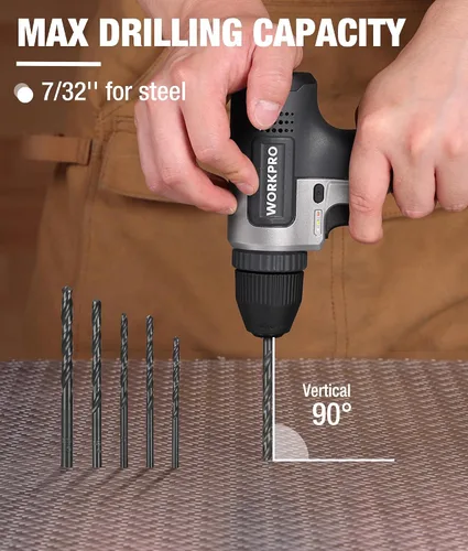 Vista 4 de WORKPRO Juego de taladro inalámbrico de 8 V, taladro eléctrico de 2 Ah con portabrocas sin llave de 3/8 pulgadas, 15 puntas, carga tipo C, LED