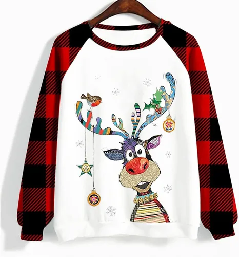 Vista 4 de Camisas de Navidad, camiseta de moda para mujer, cuello redondo, manga larga, hombros caídos, top 2023, estampado navideño