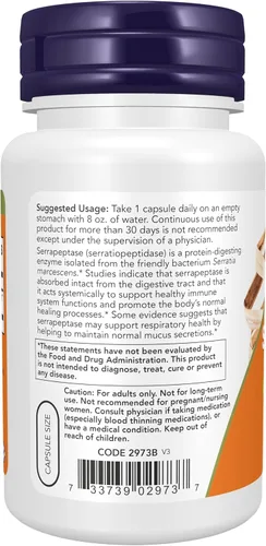 Vista 3 de NOW Foods Suplementos, Serrapeptasa 60,000 Unidades de Actividad, Promueve la Salud Respiratoria y la Función Inmune*, 60 Cápsulas Vegetales