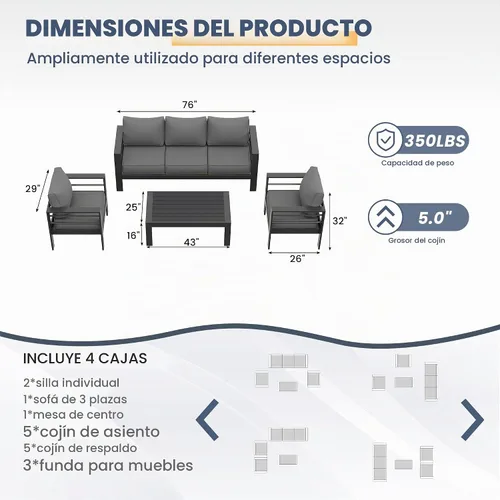 Vista 7 de Amopatio - Juego de muebles de aluminio para patio con cojines de olefina Gris oscuro/ Dorado