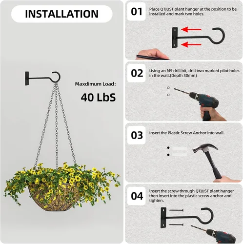 Vista 7 de Ganchos para plantas, paquete de 2 soportes de metal para colgar plantas de 6 pulgadas, gancho decorativo para comederos de pájaros, macetas, Negro