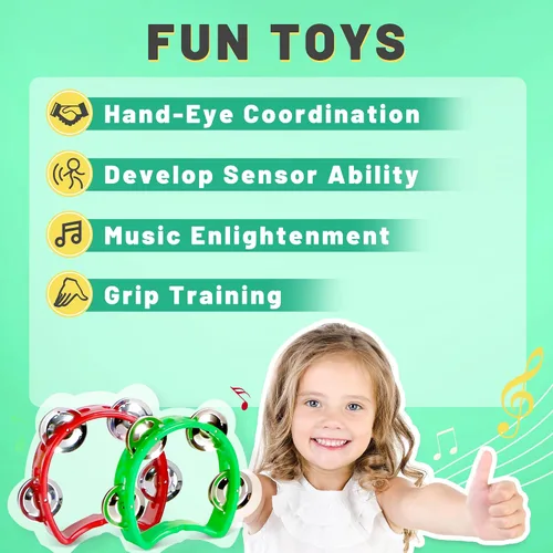 Vista 4 de Pandereta para niños, 2 unidades, instrumentos musicales para niños pequeños a partir de 3 años con 4 jingles de metal, certificado ASTM, no tóxico