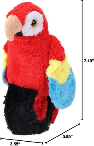Vista 6 de Wild Republic Perching loro, guacamayo escarlata, pulsera a presión, registros y repeticiones, 9 pulgadas, regalo para niños, juguete de peluche