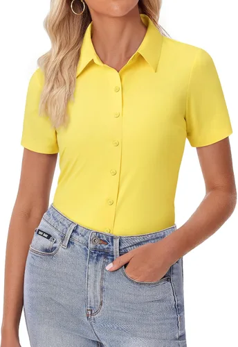 Vista 14 de siliteelon Camisa de vestir con botones para mujer, ajustada, elástica, de manga corta, sin arrugas, sólida, formal, para el trabajo