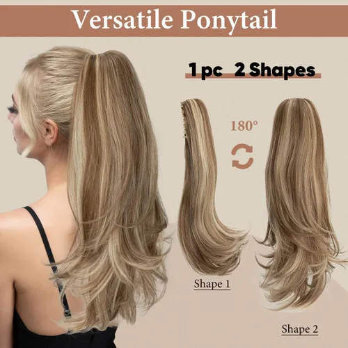 Vista 2 de Extensión de cola de caballo con clip, de 18 pulgadas, extensiones de cabello para mujer, cola de caballo larga y recta, cola de caballo rizada