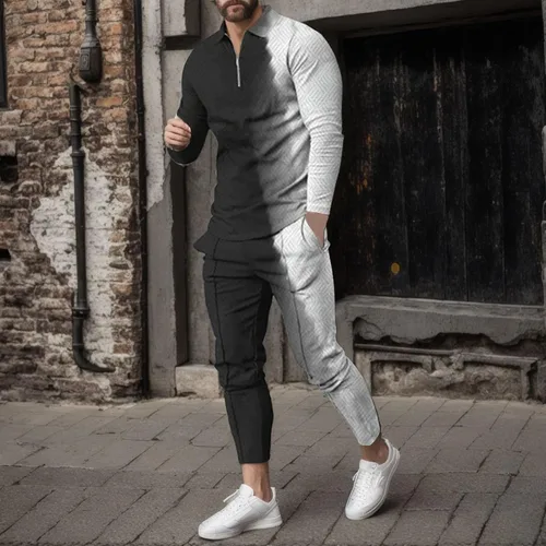 Vista 4 de Conjunto deportivo de 2 piezas para hombre, con cremallera, camiseta polo y pantalones a rayas, informal, para gimnasio, atletismo, ropa deportiva