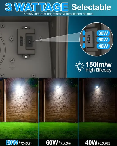 Vista 2 de AKK Paquete de luz LED de pared de 80 W, 60 W, 40 W, con fotocélula, 12000 lúmenes, 150 lm/W, 3 vatios y 3 CCT seleccionables